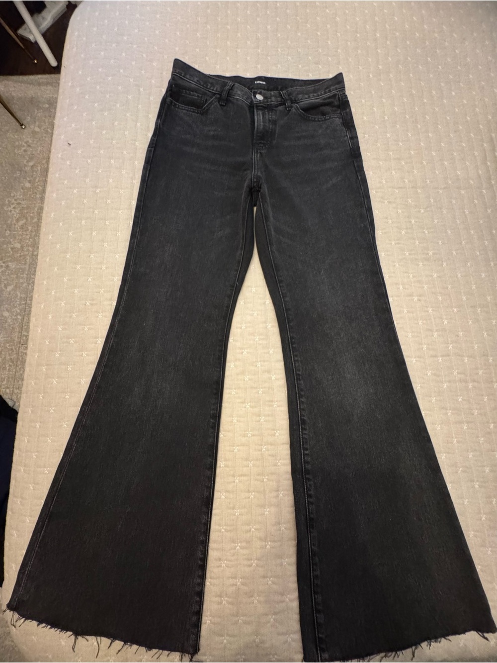 Express Black Flare Jeans with Raw Hem